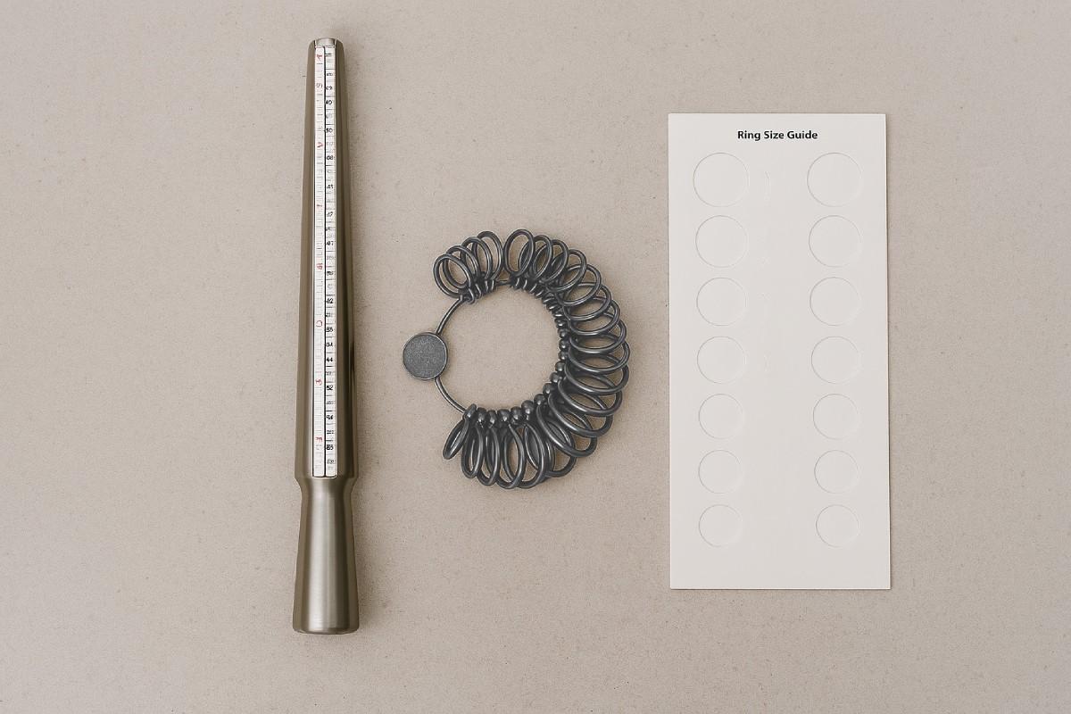 Outils professionnels pour mesurer la taille de bague : baguier, triboulet gradué et guide de tailles en papier – parfait pour choisir la taille idéale avec Laveran Paris.